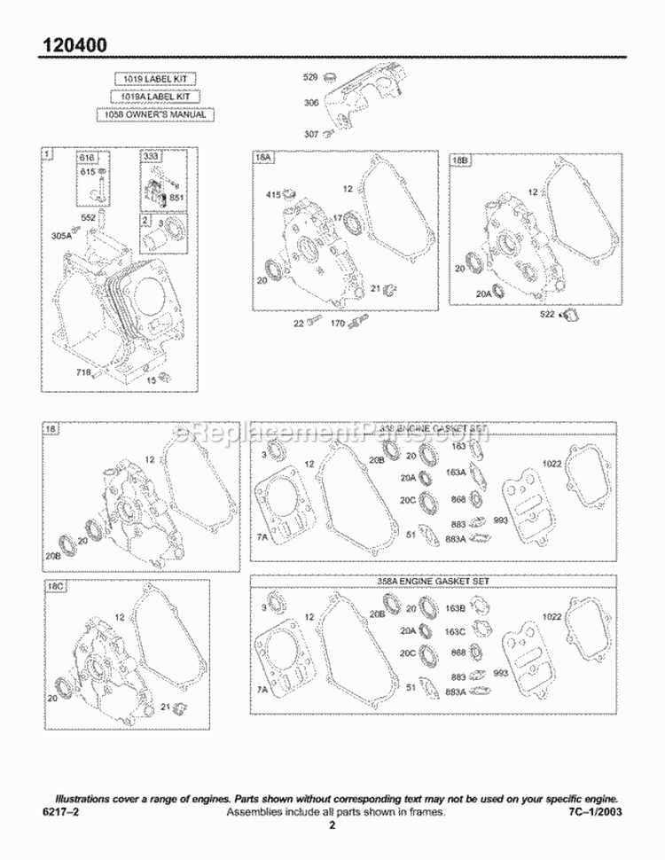 Crankcase CoverSump CylinderKitGasket Diagram and Parts List for 120412-0139-E1  Briggs and Stratton Engine